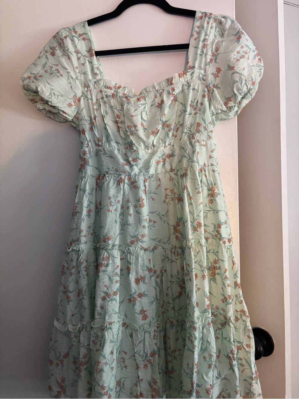 Mint Green Floral Puff Sleeve Mini Dress